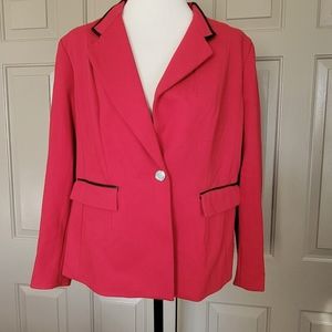 NYGARD ladies plus size red blazer with black faux leather trim.